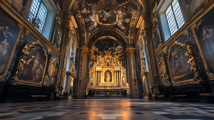 Fototapeta premium Ornate Baroque Church Interior with Elaborate Ceiling and Golden Altar : Generative AI