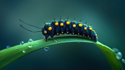 Black caterpillar crawling on dew-covered leaf, nature background, macro