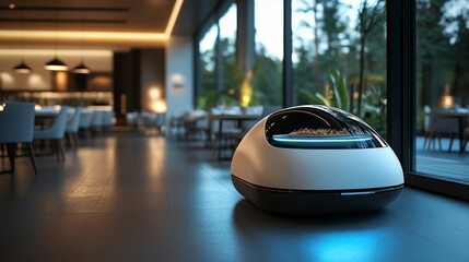 Fototapeta premium Futuristic Food Delivery Robot in Modern Restaurant Interior Near Glass Window
