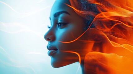 Abstract portrait of a woman with vibrant flowing energy in orange tones