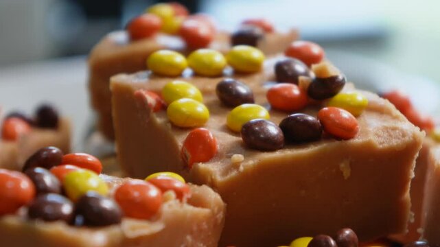 Making peanut butter fudge for a sweet treat.  Made with ingredients such as peanut butter, confectionery sugar, butter and topped with chocolate candy pieces.  No bake peanut butter dessert.