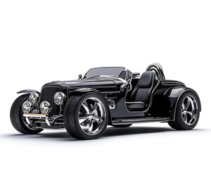A classic black sports car with retro styling and polished chrome details