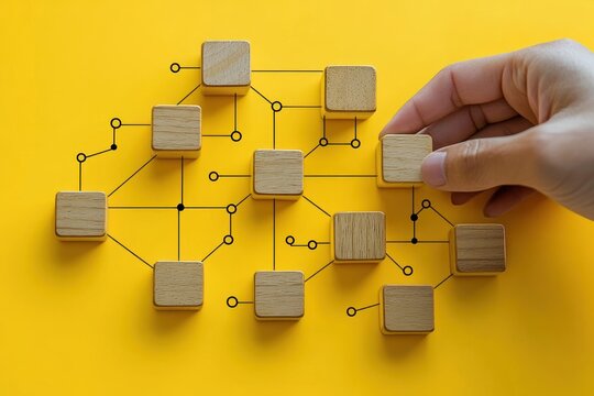 Workflow Process Automation Diagram with Wooden Block in Business Management Concept