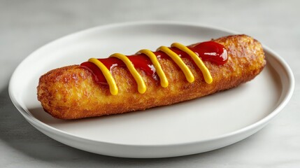 Delicious golden brown corn dog with mustard and ketchup on a white plate