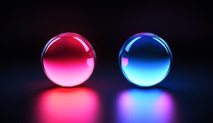 Two glowing spheres, red and blue, reflecting on dark surface.