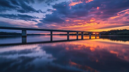 Vibrant sunset over lake bridge reflection