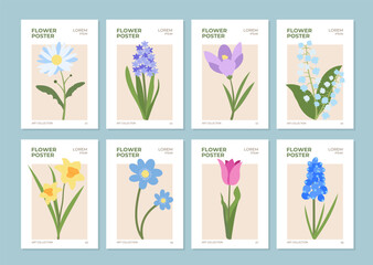 Collection Simple Flower Market Posters in Flat Style. Naive Spring and Summer Floral Card Design. Trendy Botanical Wall Art with Floral Design. Modern Naive, Groovy, Funky Interior Template, Painting