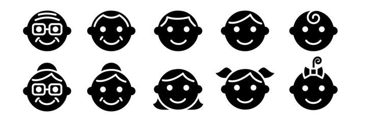 Face family icon set. Line icons of people of different ages. Face icon baby, sister, brother, girl, boy, mother, father, grandfather, grandmother, male, female. Cute face icon. Vector illustration