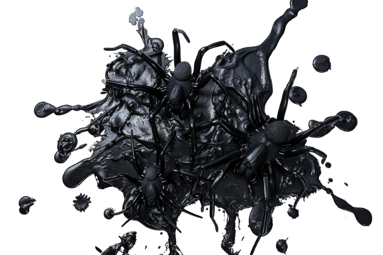 Artful chaos of black paint and spider figures creating a surreal and dramatic visual experience on a white surface isolated on transparent background