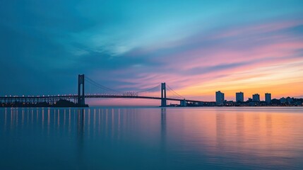 Fototapeta premium Sunset over suspension bridge, city skyline, calm water, travel postcard