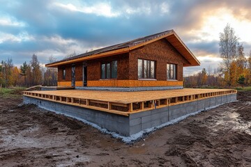 Obraz premium New house under construction, wood frame on concrete foundation. Illustrates home building progress and foundation stages.