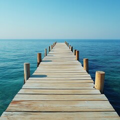 Fototapeta premium Wooden pier extending into calm blue sea.