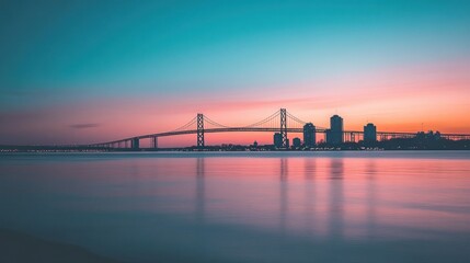 Fototapeta premium Sunset Cityscape Bridge Reflection Waterfront Calm