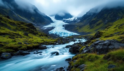 Majestic glacial stream flowing through verdant valley under cloudy sky