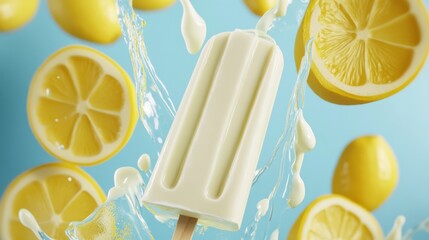 Vibrant lemon yogurt popsicle with dripping yogurt and lemon slices