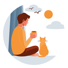 Man Relaxing with Cat by Window Enjoying Morning Coffee