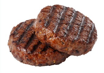 Two juicy grilled beef patties, close-up.