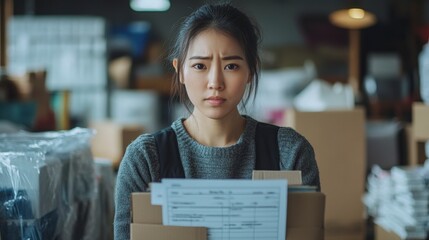 Stressed Asian woman carrying box with documents in warehouse looking exhausted