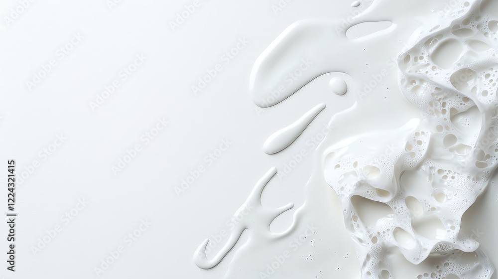 Poster top view of white liquid texture with drops and lace fabric on smooth background, creating a delicat