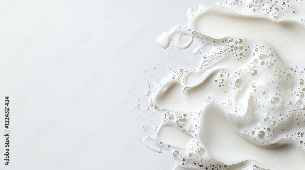 Poster close-up of milk with frothy bubbles on a smooth white surface, abstract background for dairy or bev