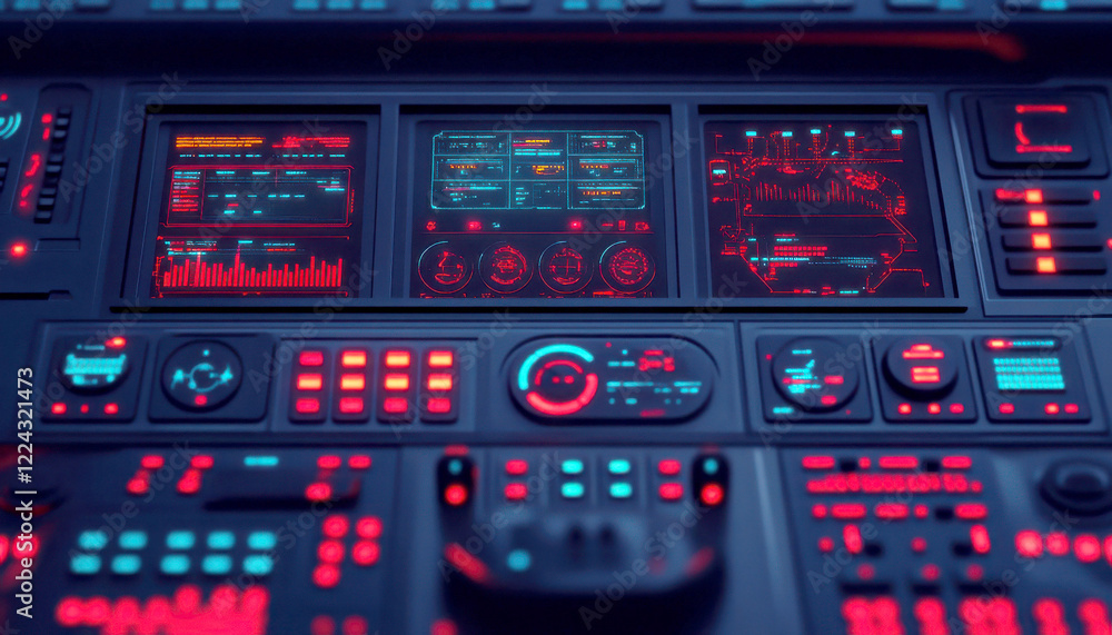 Poster futuristic control panel with glowing buttons and digital displays.