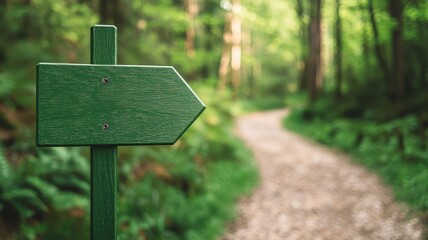 Blank Green Wooden Signpost on Forest Trail Nature Path Direction Indicator