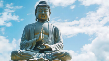 Obraz premium Tranquil Buddha Statue Against Blue Sky Symbolizing Peace and Serenity in Spiritual Setting : Generative AI