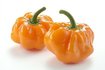Two ripe orange habanero peppers isolated on white.