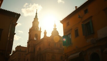 Obraz premium Sunlit italian architecture with historic buildings and towering spires at dusk