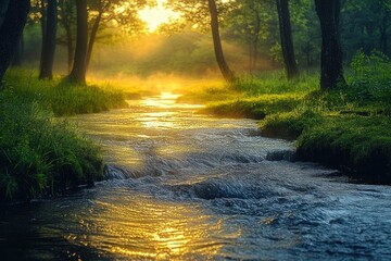 Fototapeta premium Serene river flowing through lush green forest at golden hour