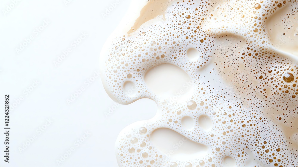 Poster foamy bubbles on a creamy surface create an abstract texture on a white background, highlighting the