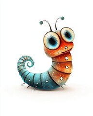 A colorful, cartoon-style caterpillar with large eyes, featuring vibrant orange and blue tones, perfect for children's illustrations.