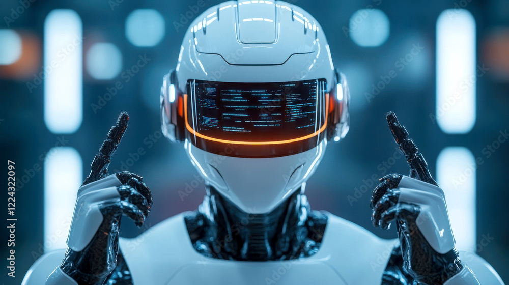Poster futuristic robot with advanced technology and glowing elements.