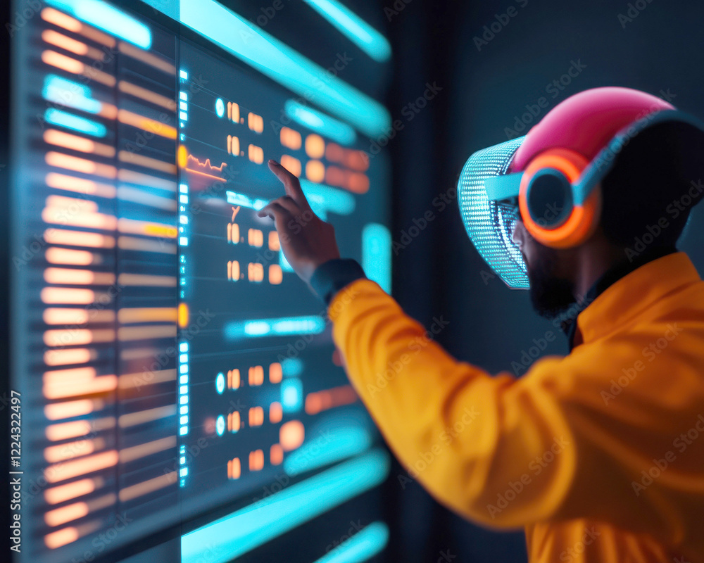 Poster person using virtual reality technology in a digital interface.