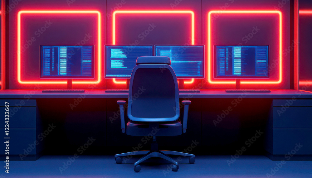 Poster modern workspace with neon lights and multiple computer screens.