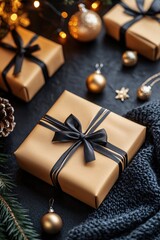 Elegant gift boxes with black ribbon and gold ornaments on dark surface with warm lights