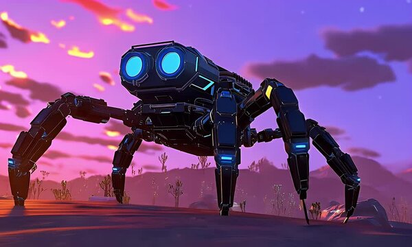 Robotic spider exploring alien desert sunset