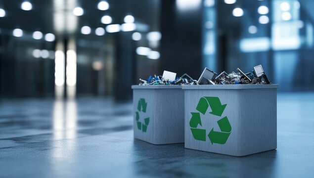 Electronic waste in recycling bins.
