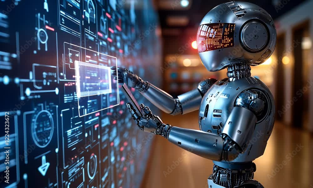 Poster Robot interacts with digital interface in futuristic office