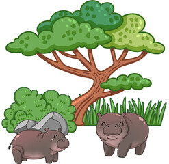 Cute cartoon pygmy hippo in zoo illustration