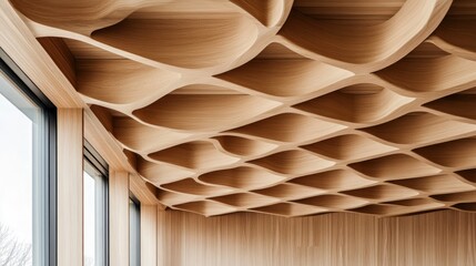 Intricate wood ceiling detail, modern interior, window view, sunlight