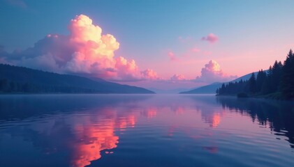 Obraz premium Softly glowing clouds float above a serene lake at dusk, sky, water