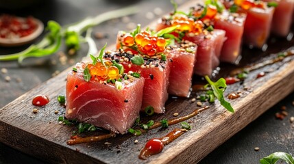 Nigiri of tuna on a wooden board, close-up, macro photography, high resolution, food magazine style, fresh and delicious, soft lighting, clean background, professional photography