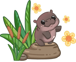 Cute cartoon pygmy hippo in zoo illustration