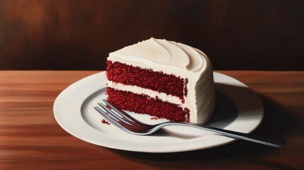 A slice of red velvet cake with cream cheese frosting, presented on an elegant white plate. The rich texture and vibrant color make it look deliciously delectable