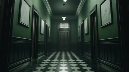 Dark, mysterious hallway with green walls, checkered floor, and antique doors.