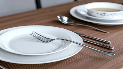Elegant White Dinnerware Setting on Wooden Table