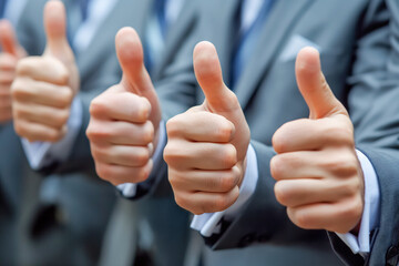 ?row of professionals giving thumbs up with blurred suits in background?