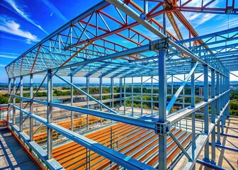 Steel Roof Frame Construction Aerial View: Sky Background, Building Project