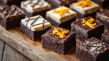 Photo of a variety of dark and white chocolate brownies on a wooden plate, with one covered in orange zest. They are laid out beautifully
